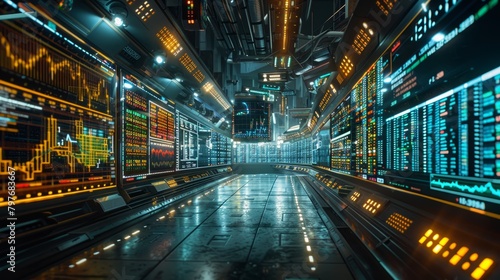 Futuristic spaceship interior with glowing panels and lights © Sodapeaw