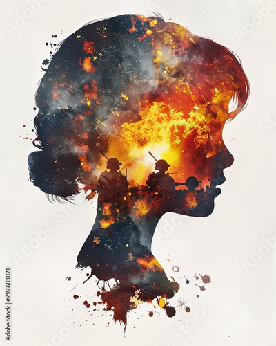 Double exposure illustration of a girl and war background