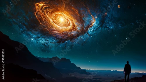 Video animation of spectacular cosmic view. A lone figure stands on a rocky terrain, gazing up at the night sky. Above them, a vibrant spiral galaxy dominates the scene photo