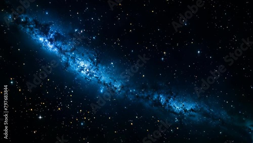 Video animation of  vast expanse of space, adorned with countless stars. prominent nebula, characterized by hues of blue and white, graces the scene photo