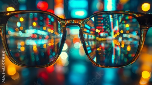 Glasses with night city lights reflection © Sodapeaw