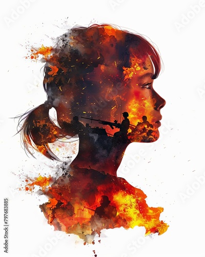 Double exposure illustration of a girl and war background