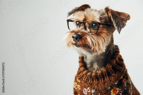 dog in brown dress with glasses On white Background .