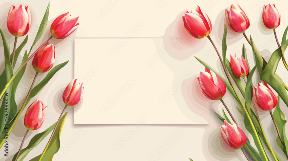 Blank card and beautiful tulip flowers on light background