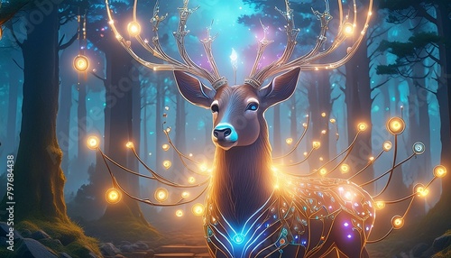 this graceful deer into a mystical forest guardian, adorned with glowing runes and ethereal antlers."