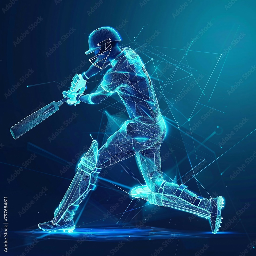 digital blue low poly cricket player with glowing data streams ai in sports analytics, player performance tracking systems, match prediction algorithms, training programs. wireframe player.
digital blue low poly cricket player with glowing data streams ai in sports analytics, player performance tracking systems, match prediction algorithms, training programs. wireframe player.