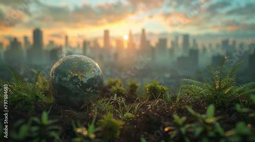Photo of a realistic globe on the grass field with the city in the background.