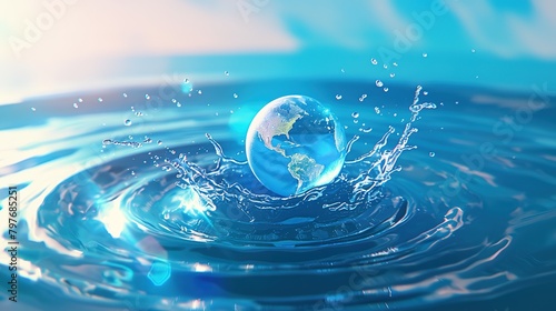 World Water Day concept with world in clean water drop on and fresh blue water ripples design  Environment save and ecology theme concept  Elements of this image furnished 