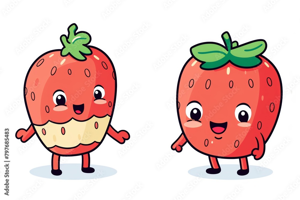 Two cute strawberry cartoon characters. One strawberry is bitten. Kawaii style.