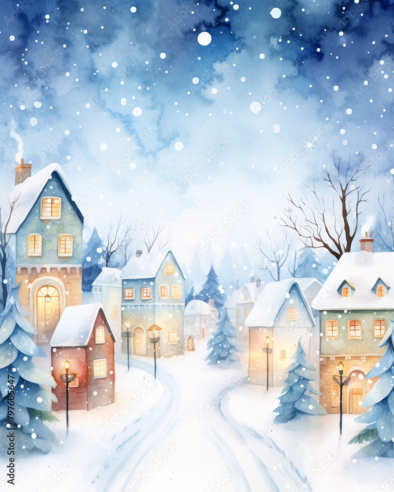 Silent night with snowfall over a small town, cozy Christmas lights, watercolor cartoon, soft color