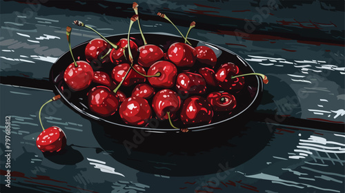 Board with bowl of sweet cherries on black table Vector photo