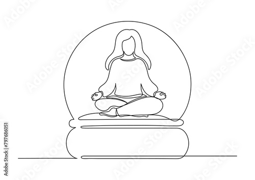 Glass globe with meditating woman in lotus pose. Continuous line. Calm, balance, religion, faith, meditation concept.