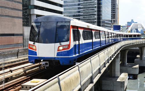 Photography Sky train in Bangkok with building construction,Thailand