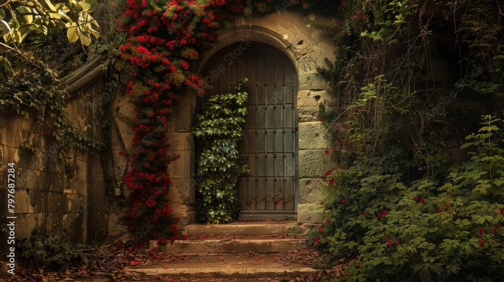 Magical secret garden hidden behind old ivy-covered wall with hidden door leading to a world of wonder.