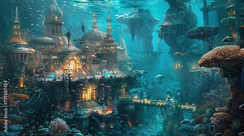 Fantastical underwater city with merpeople, sea creatures, and coral architecture