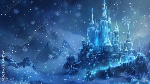 Enchanting ice castle with delicate snowflakes falling gently around it