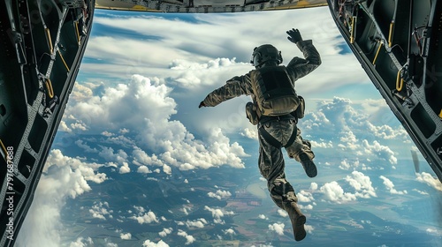 Airborne soldier jumping out of plane