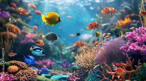 Serene underwater world with colorful fish swimming among coral reefs.