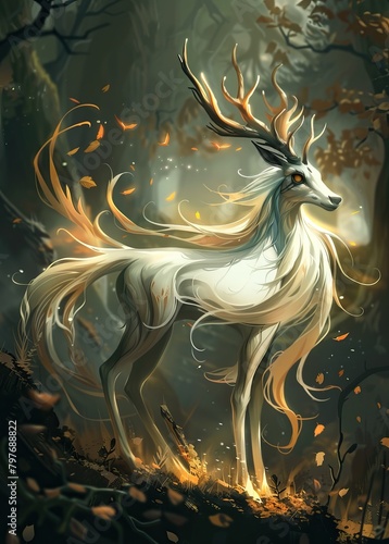 A mystical white deer stands in a moonlit forest.