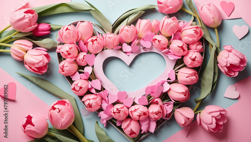 pink tulips in a heart shaped box #797689062