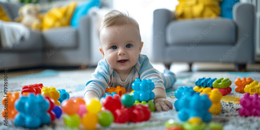 A image of a baby playing with age-appropriate toys such as rattles, stuffed animals, or building blocks, engaging in sensory exploration and motor skill development A image of a baby playing with age-appropriate toys such as rattles, stuffed animals, or building blocks, engaging in sensory exploration and motor skill development