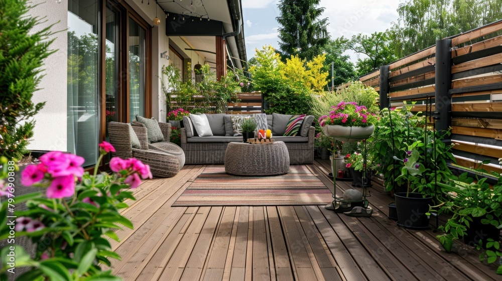 Modern Terrace with Wood Deck and Green Plants