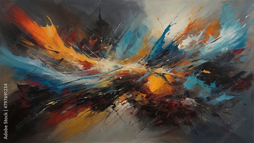An array of swirling colors, jagged lines, and distorted shapes collide in a mesmerizing display of disorder and conflict. An array of swirling colors, jagged lines, and distorted shapes collide in a mesmerizing display of disorder and conflict.
