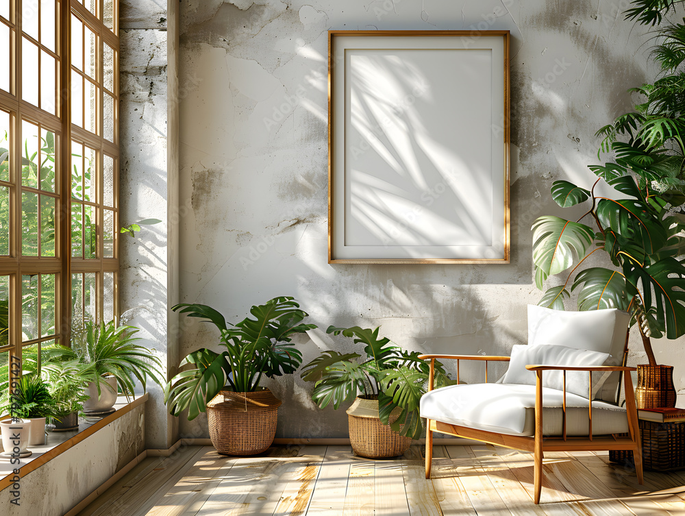 Natural Elegance: Chic White Frame Mockup Amidst Green Plant Accents