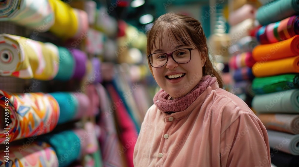 Radiant Young Woman with Down Syndrome Working in Vibrant Fabric Store Radiant Young Woman with Down Syndrome Working in Vibrant Fabric Store