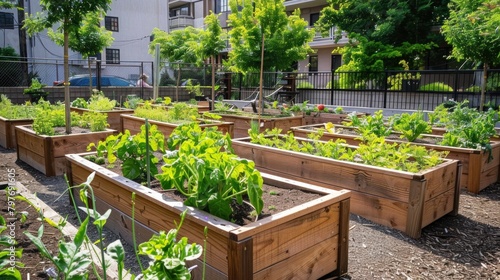 Urban community garden with wooden raised beds and flourishing produce © Postproduction