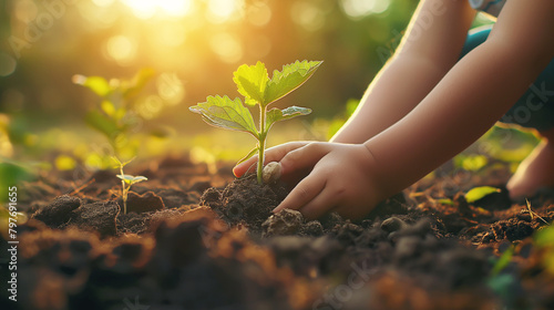 A child's hands gently plant a small green seedling in rich earth, symbolizing growth and sustainability, illuminated by golden sunlight.