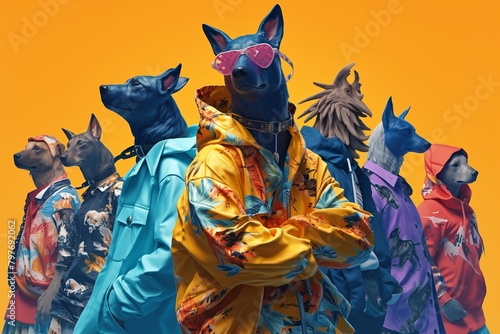 Eyecatching 3D dogs in vibrant, stylish attire, posed against a backdrop of dramatic color splashes, perfect for impactful fashion ads  ,3DCG,high resulution,clean sharp focus photo