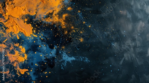 An elevated view of blue, orange, and yellow holi powder design on a sleek black backdrop