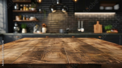 Brown Natural Wooden Kitchen Island Table Top for Advertising © Postproduction