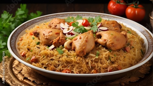 Chicken Kabsa - Homemade Arabian biryani from above, rice with veggies, fried rice with shrimp baryani, and spicy Indian Hyderabadi biryani are all examples of the Flying Chicken Biryani.