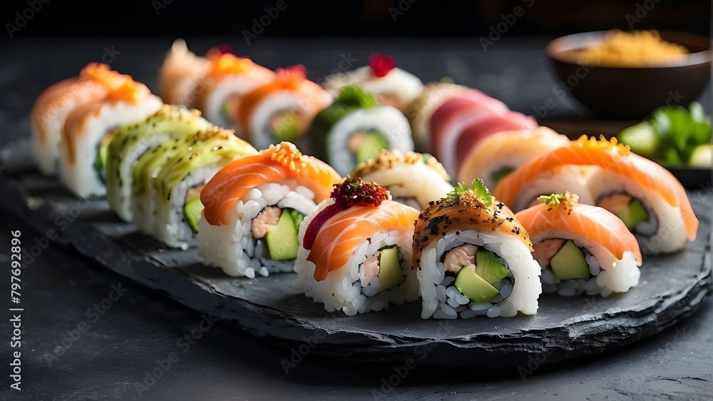 Sushi with salmon, sushi with chopsticks, sushi on a platter, Korean Kimbap roll, Asian cuisine, a dish of colorful vegetable sushi rolls with soy sauce and freshly prepared vegetables


