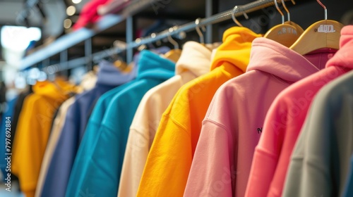 Colorful hoodies on display in modern clothing store, showcasing various sizes and design trends in casual fashionwear. Retail shopping and fashion.