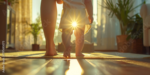 A image of a baby taking their first steps with support from a parent or caregiver, capturing the milestone moment of learning to walk