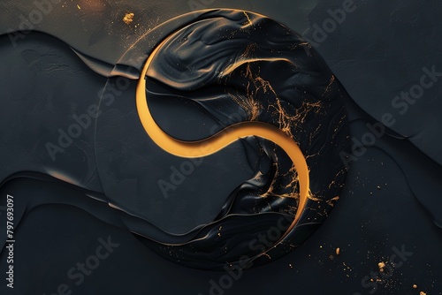 An abstract depiction of a yin-yang symbol, with a golden line dividing and connecting the halves --ar 3:2 Job ID: 380eec5c-cc9f-45a2-a1d2-9c8ec3890b76 photo