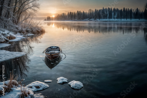 Mattina invernale tranquilla sul lago innevato photo