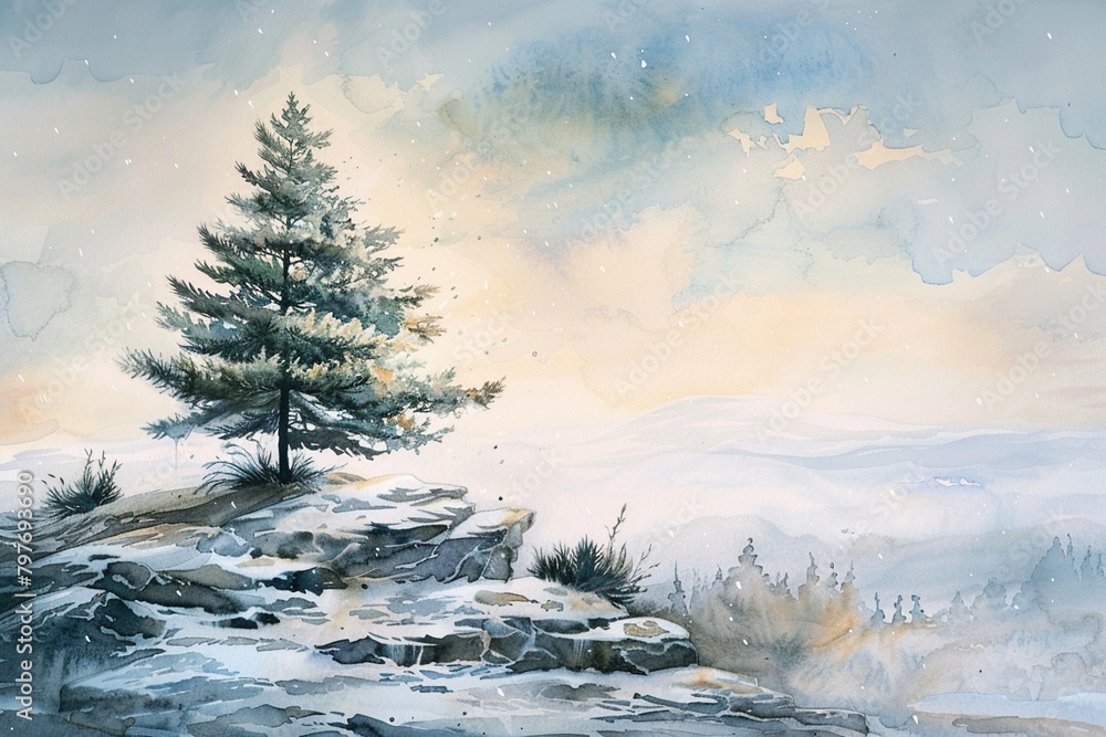 A watercolor scene showing a lone pine tree on a frosty mountain, colors blending into the winter sky