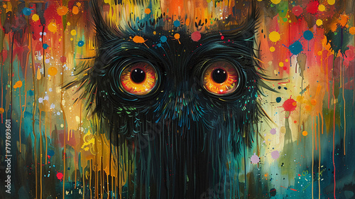 A colorful abstract painting of an owl with big round orange eyes photo