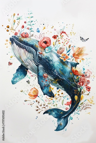 A gentle blue whale adorned with vibrant flowers  painted in soft watercolors on a white background
