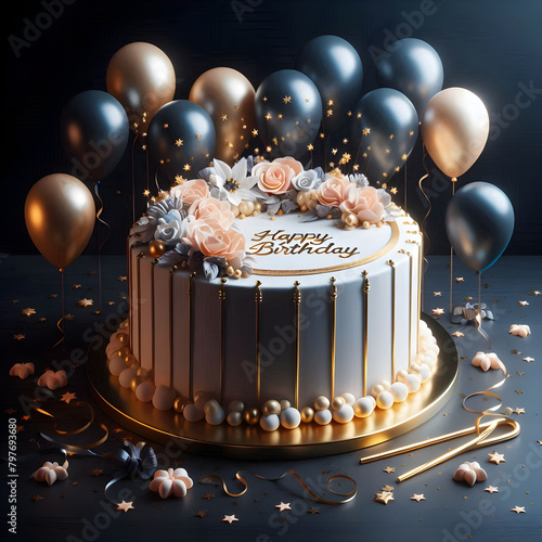 Birthday cake New Design with balloons 3d render photo