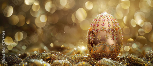 A golden egg, covered in diamonds and rubies, sits on a bed of gold glitter against a blurry background of gold bokeh lights