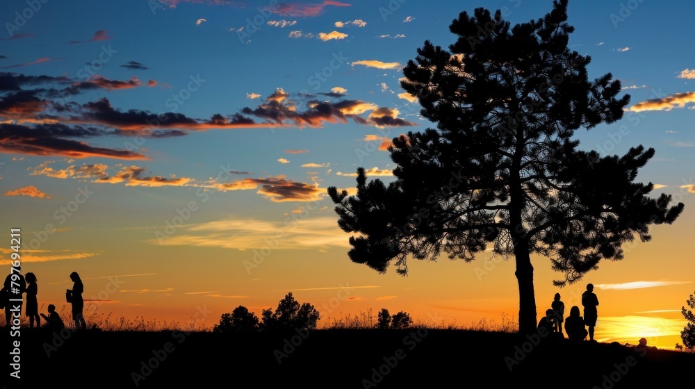 Serene Sunset Silhouettes. Tranquil background featuring people or trees against a breathtaking sunset.