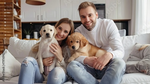 A couple is sitting on a couch with two dogs. The man is smiling and the woman is holding the dogs