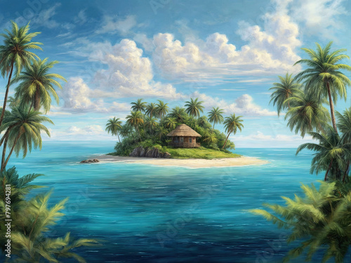 Small tropical island with palms and hut surrounded sea blue water. Scenery of tiny island in ocean. Concept of vacation  travel  nature  summer