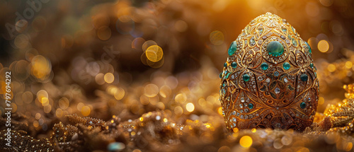 A golden egg, encrusted with emeralds, sits on a bed of gold dust against a blurry background of twinkling lights