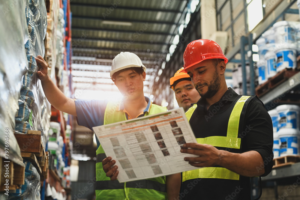 Caucasian male supervisor working in leading daily operations for warehouse workers, controlling and managing inventory and logistics distribution warehouse Caucasian male supervisor working in leading daily operations for warehouse workers, controlling and managing inventory and logistics distribution warehouse